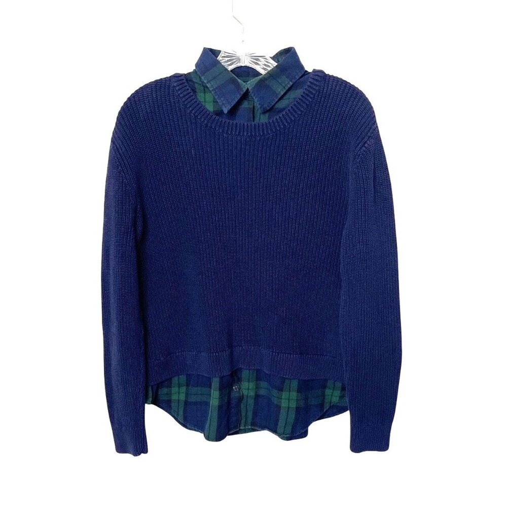 Lauren Ralph Lauren Navy Blue Sweater Green Plaid Layered Look XL 100% Cotton